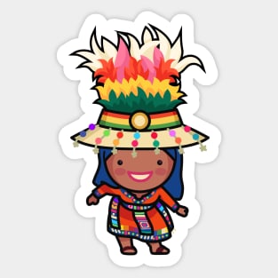 Cute Bolivian Carnival Woman in Traditional Clothing Cartoon Sticker